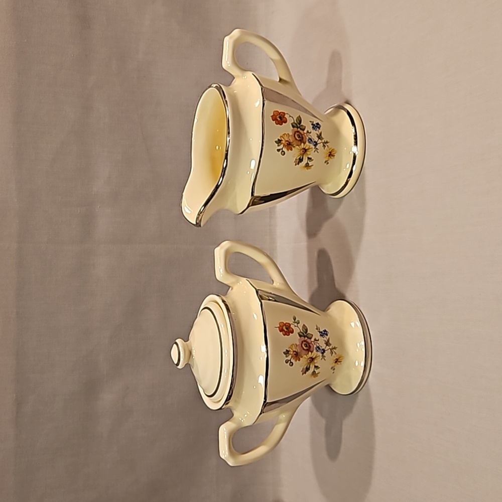 Porcelier Floral Art Deco Platinum Creamer & Sugar w/Lid